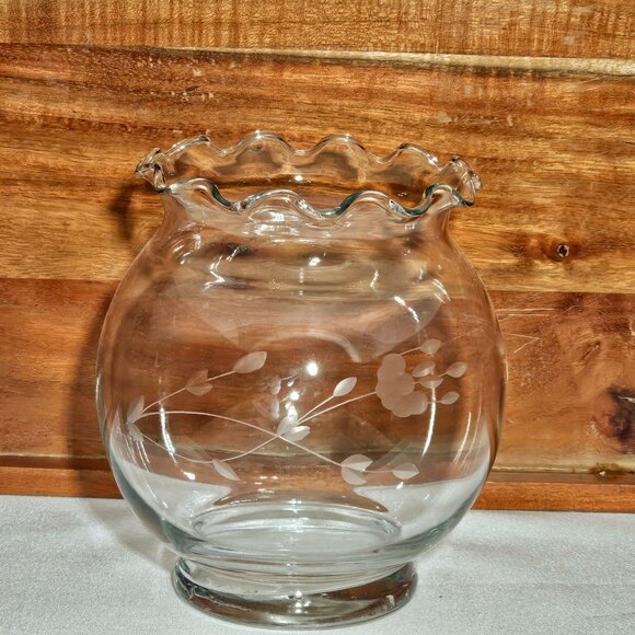 Princess House Heritage Rose Bowl 5in Flower Vase etched ruffle edge crystal vtg - Picture 2 of 4